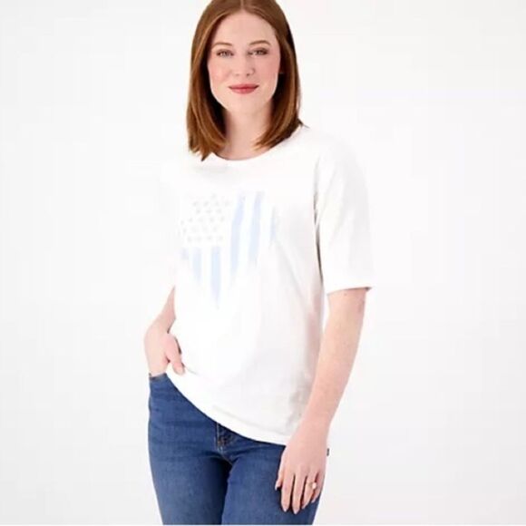 Denim & Co. Printed Texture Knit Round Neck Elbow Sleeve Top sz S NEW # E253 - Picture 1 of 2